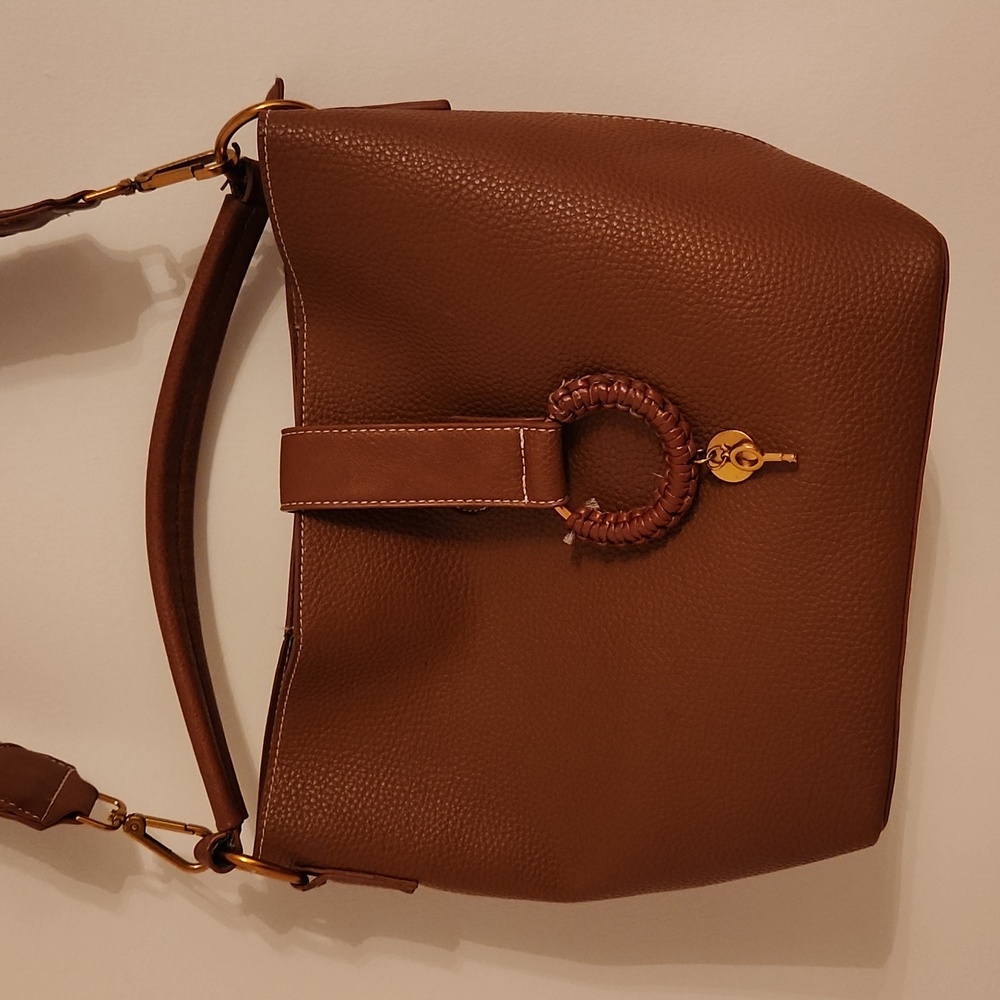 Blush brand vegan leather tan crossbody bag with soft striped strap